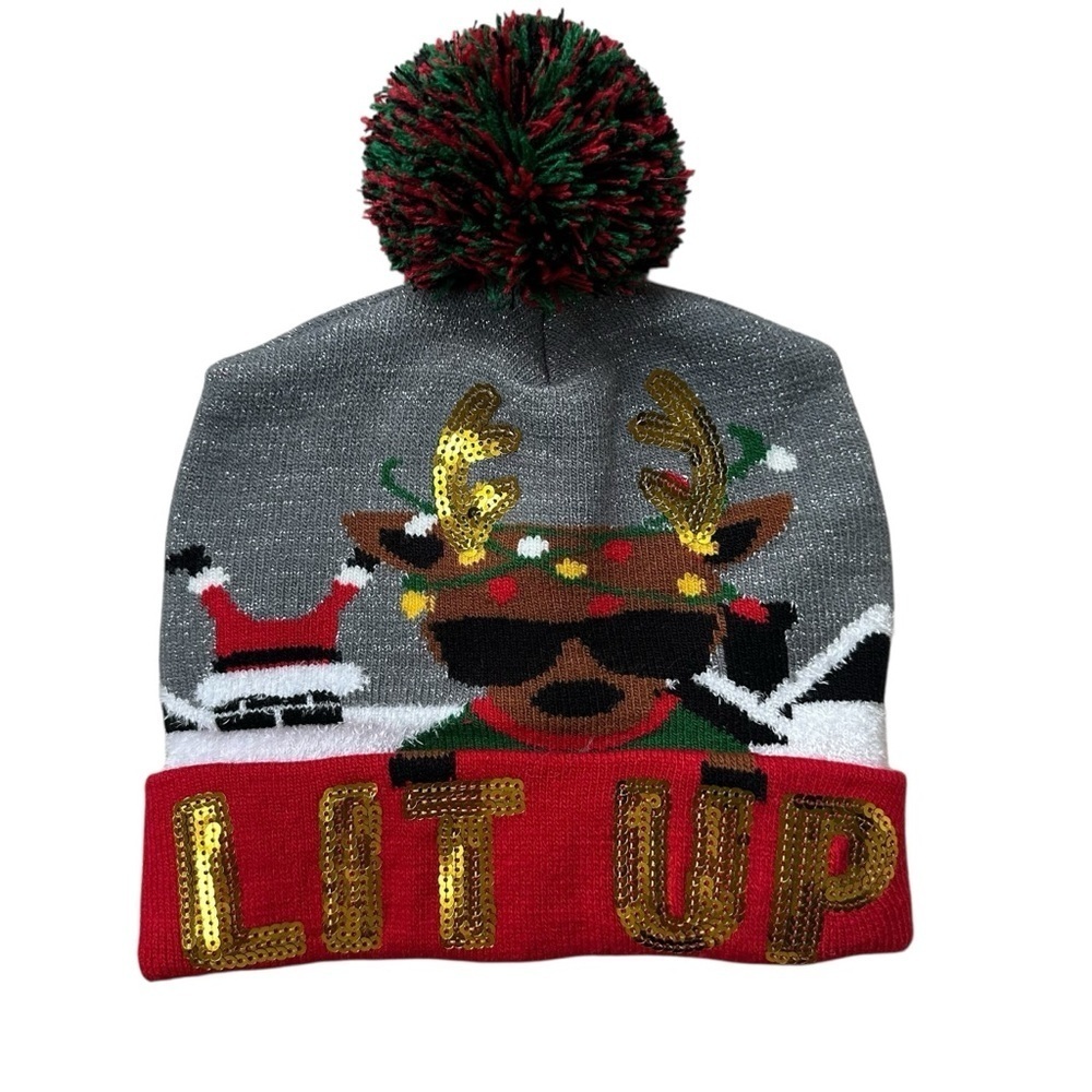 Christmas Reindeer "LIT UP" Gray and Red Pom-Pom Beanie